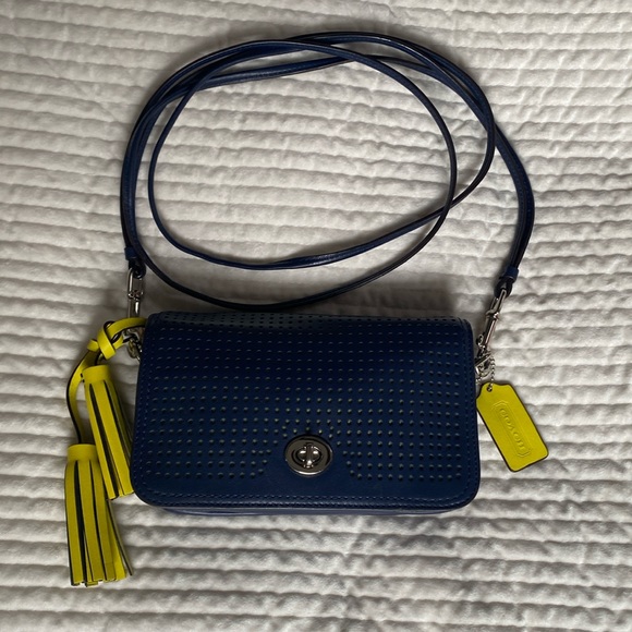 Coach Perforated Leather Penny Shoulder Purse in Navy and Bright Citrine - Picture 2 of 9